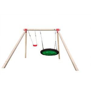 Weka Doppel-Schaukel Tabaluga mit Brett- und Nestschaukel. Holzschaukel mit rotem Brett und grüner Nestschaukel.