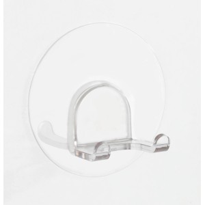 Transparenter Wenko Static-Loc Wandhaken Duo aus Kunststoff für Handtücher, befestigt an einer weißen Wand.