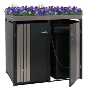 Anthrazitfarbene 2er-Mülltonnenbox mit Edelstahl-Pflanzkasten (125x132x84cm).