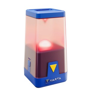Varta Outdoor Ambiance L20 Leuchte mit rotem Licht, blaue Details. Ideal als stimmungsvolle Taschenlampe.