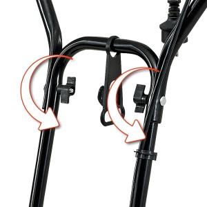 Detailaufnahme der Verstellschrauben am Führungsholm des Einhell Elektro-Grubbers GC-RT 7530.