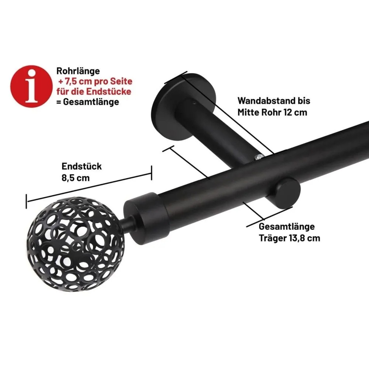 Schwarze Gardinenstange mit dekorativer Kugel-Endkappe. Maße: Wandabstand 12cm, Endstück 8,5cm. Für Dekoartikel.