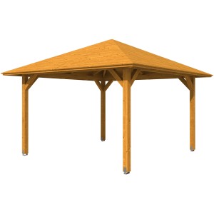 Holz-Pavillon Cannes 2 von Skan Holz, eiche hell lasiert, 359x359 cm. Gartenlaube mit robusten Pfosten.