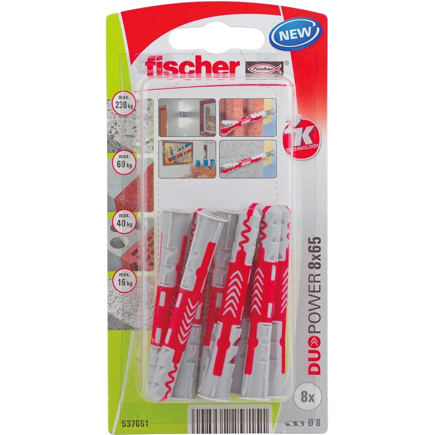 Fischer Duopower Universaldübel, 8x65 mm, 8 Stück, für sichere Befestigungen in verschiedenen Materialien.