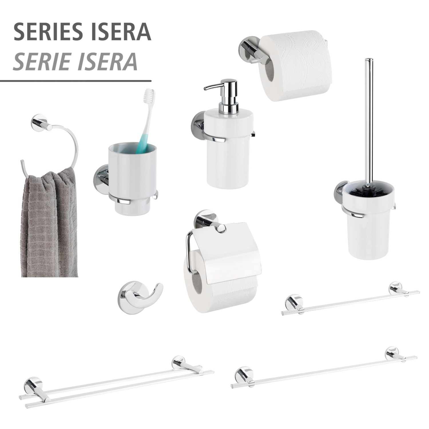 Wenko Bad-Serie Isera: Seifenspender, Handtuchhalter, WC-Garnitur und mehr in Silber Glänzend.