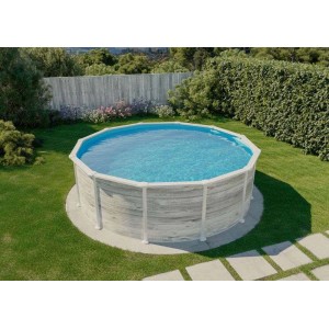 Runder Poolcrew Stahlwand Pool Lolland Ø 550 cm mit grauer Folie und Stahlwand in Holzoptik.