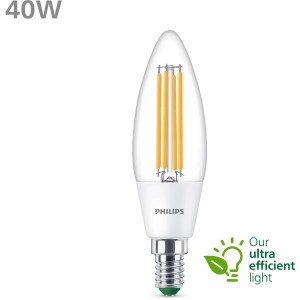 Philips LED-Lampe E14 Kerze, 5,2W, 485lm, warmweiß, Filament-Optik.