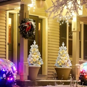 Zwei 90 cm künstliche Weihnachtsbäume mit Schnee und warmweißen LEDs auf einer verschneiten Veranda.