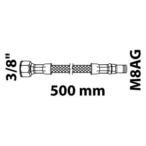 Abbildung eines flexiblen Kirchhoff Anschlussschlauchs, 500 mm, mit 15 mm (3/8IG) x M8AG Anschlüssen.
