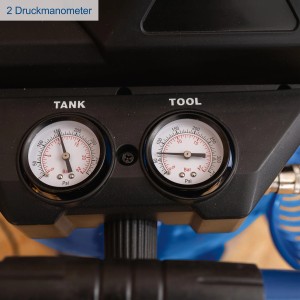 Detailaufnahme: Zwei Druckmanometer am Scheppach HC85V Kompressor für Tank- und Werkzeugdruck.