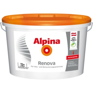 Eimer Alpina Renova Innenfarbe Weiß matt, 15kg für ca. 50m², geeignet für Neu- und Renovierungsanstriche.