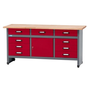 Küpper Werkbank mit 9 Schubladen, Tür und Buchenholzplatte, dunkelrot.