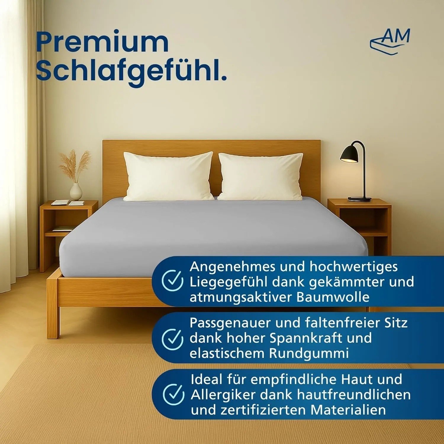 Hellgraues AM Premium Jersey Spannbettlaken auf Boxspringbett, 160x200cm. Faltenfrei, atmungsaktiv, hautfreundlich.