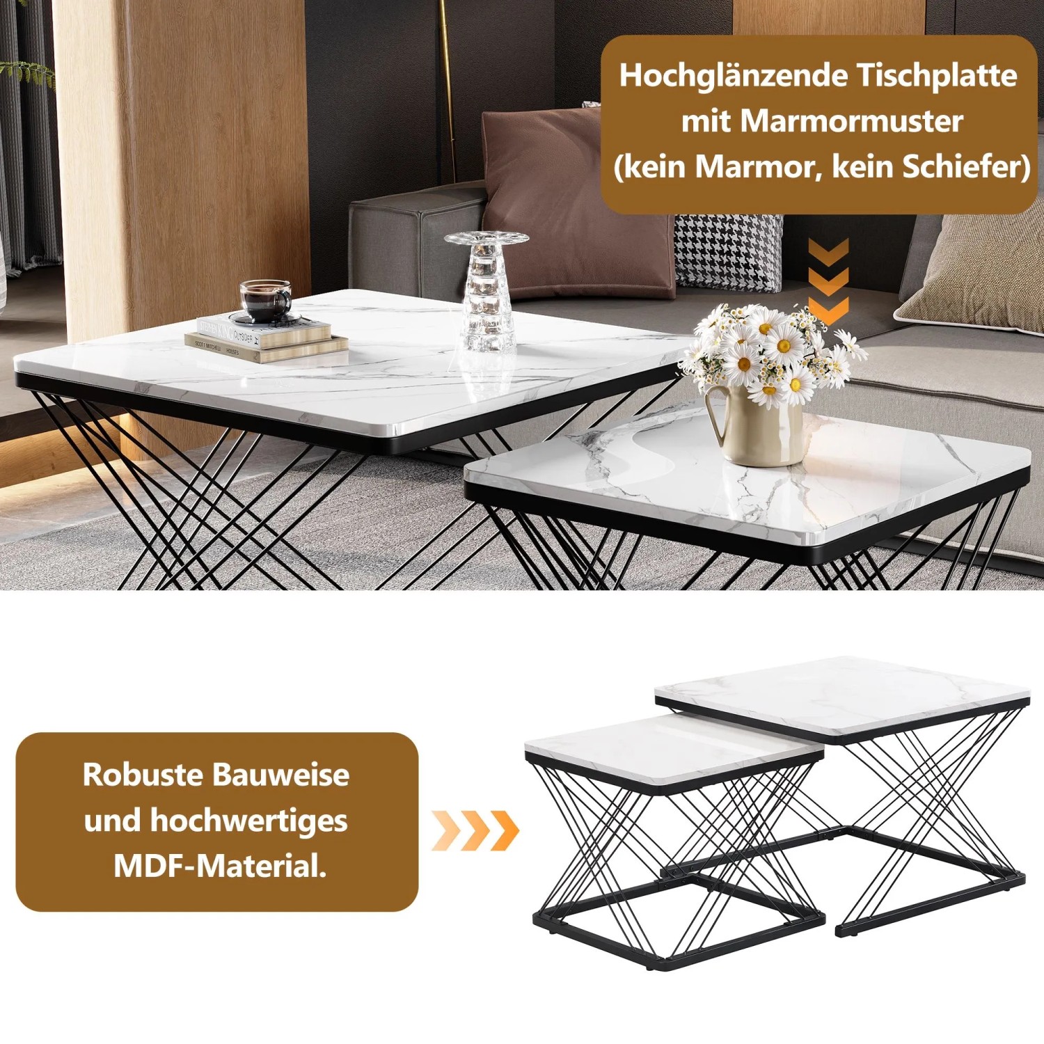 okwish Couchtisch Set mit Marmoroptik HöhenVerstellbare Füße 60x60x45cm 45x45x40cm Schwarz_6