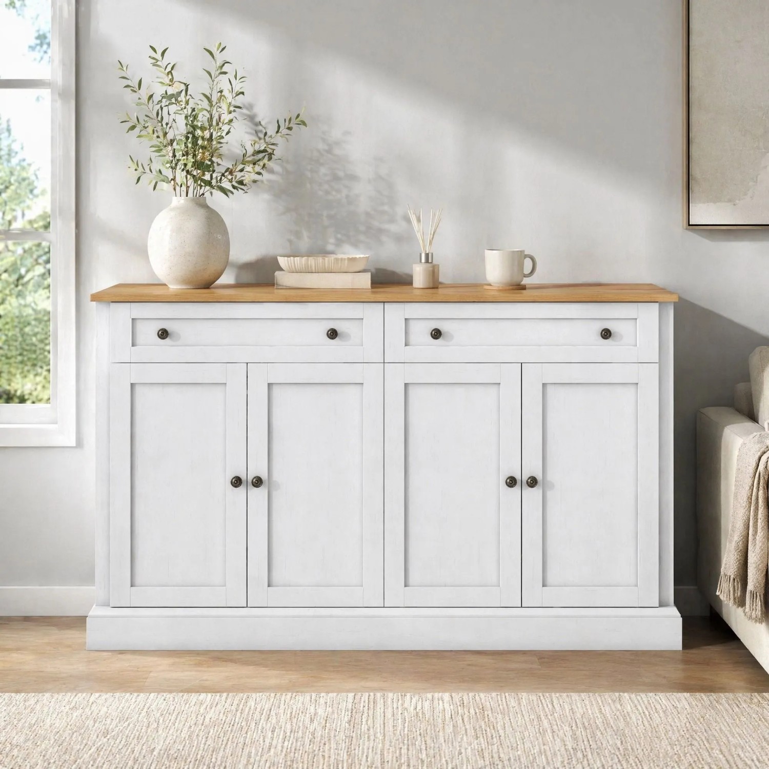 okwish Sideboard mit 4 Türen 2 Schubladen Esszimmer 150x40x86cm Natur_2