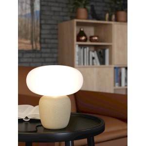 Tischleuchte Cahuama, hellbraun-weiße Design-Tischlampe mit rundem Schirm auf schwarzem Tisch.