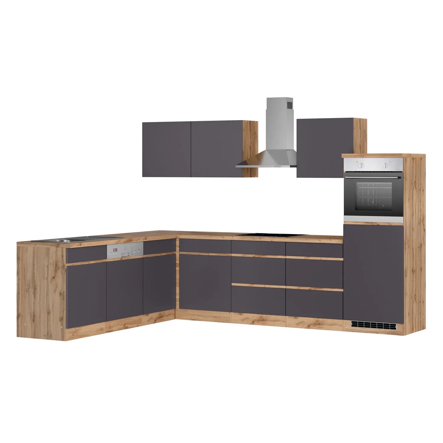 Moderne Winkelküche Turin in Graphit-Wotaneiche Optik mit E-Geräten.