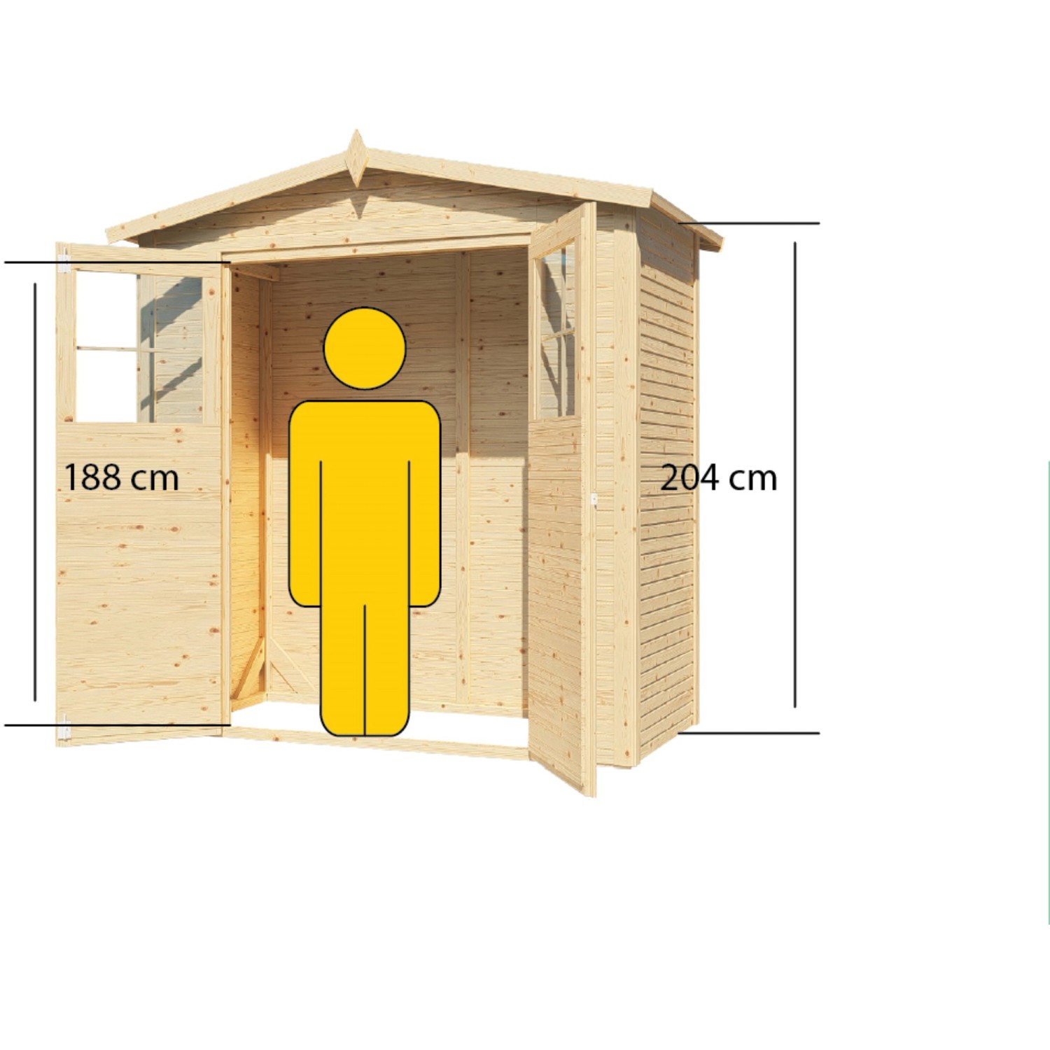 Bertilo Gerätehaus aus Holz, naturbelassen, mit geöffneten Türen und Größenangaben.