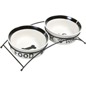 Jollypaw Hundenapf-Set mit 2 Keramiknäpfen (weiß/schwarz) im Metallhalter.