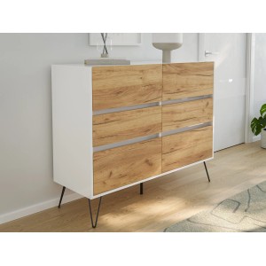 Posseik Sideboard Industrial M, weiß/Eiche, 120 cm breit, mit 6 Schubladen und Metallfüßen.