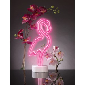 Easymaxx Tischleuchte Flamingo Pink in Neon-Optik, umgeben von Orchideen.