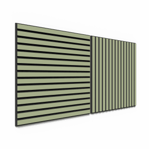 Akustikpaneel Lino Pistacio, 2er-Set, 60x60cm, mit schwarzen MDF-Leisten auf schwarzem Filz.