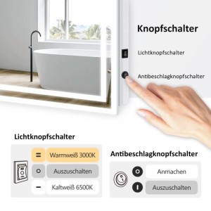 Emke LED Badspiegel: Hand bedient Knopfschalter für Anti-Beschlag und Lichtfarben Kaltweiß/Warmweiß.