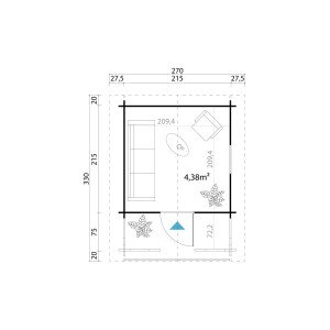 Grundriss Kinderspielhaus Lido, 215x215 cm, mit Terrasse. Ideal für kreatives Spielen im Garten.