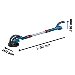 Bosch Professional GTR 55-225 Trockenbauschleifer mit Maßangaben, geeignet zum Schleifen von Wänden und Decken.