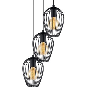 Schwarze Eglo Pendelleuchte Newtown, 3-flammig, mit Stahlkäfig-Design und warmweißen Leuchtmitteln.