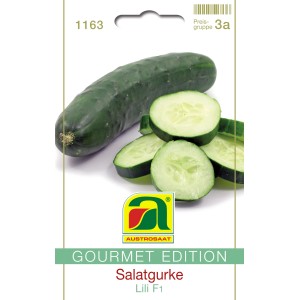 Austrosaat Gourmet Gurke Lili F1: Saatgutpackung mit Gurke und Gurkenscheiben.