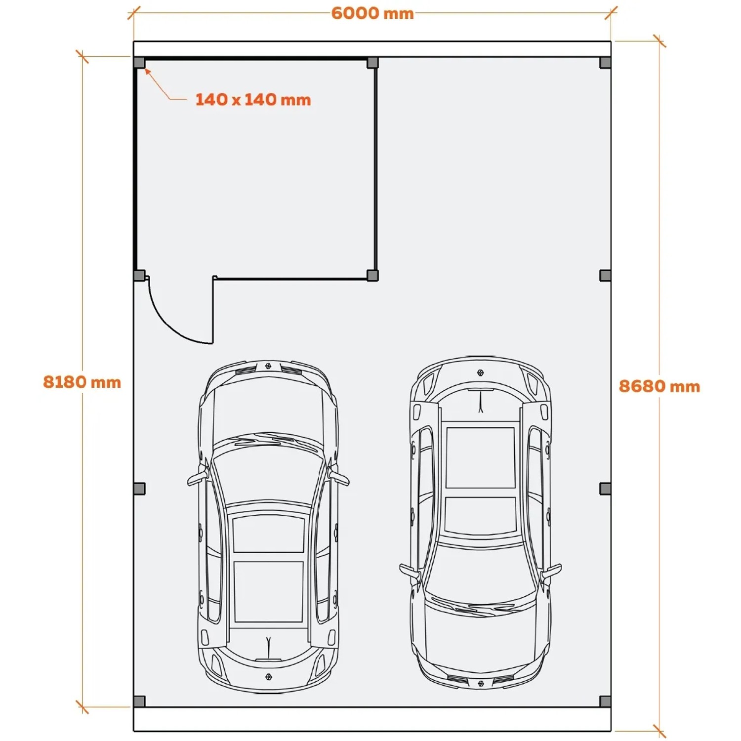 Grundrisszeichnung: Holzbrüder Doppelcarport Ralf mit Geräteraum, Maße 600x868cm.