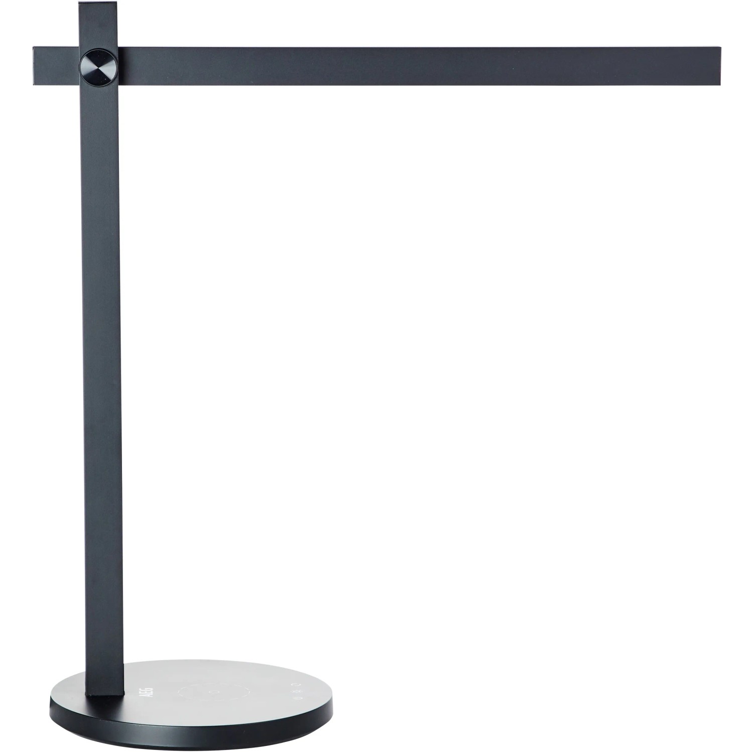 Schwarze LED-Schreibtischleuchte Devy mit Induktionsladefläche für kabelloses Laden.