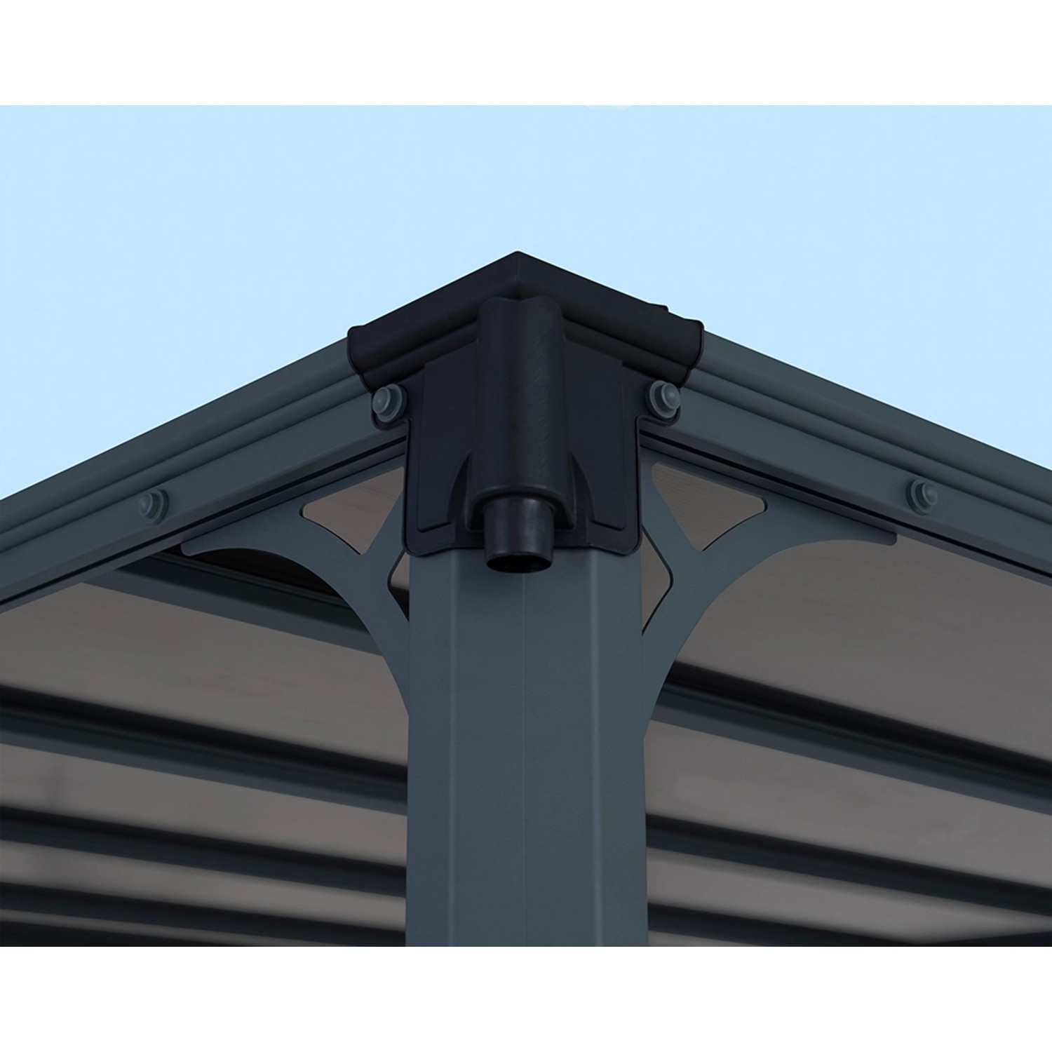 Detailaufnahme: Anthrazitfarbener Palram Canopia Milano Gartenpavillon mit LED-Set.