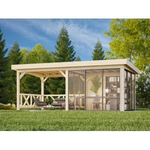 Palmako Pavillon Lenna Set 404, 588x300 cm, weiß lackiert, mit Schiebetüren und offenem Bereich.