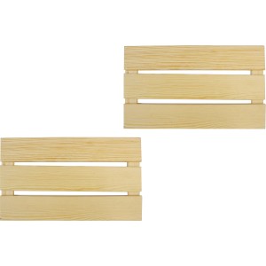 Zwei Einlegeböden aus Kiefernholz für Holzkisten, zur Umwandlung in Regale.