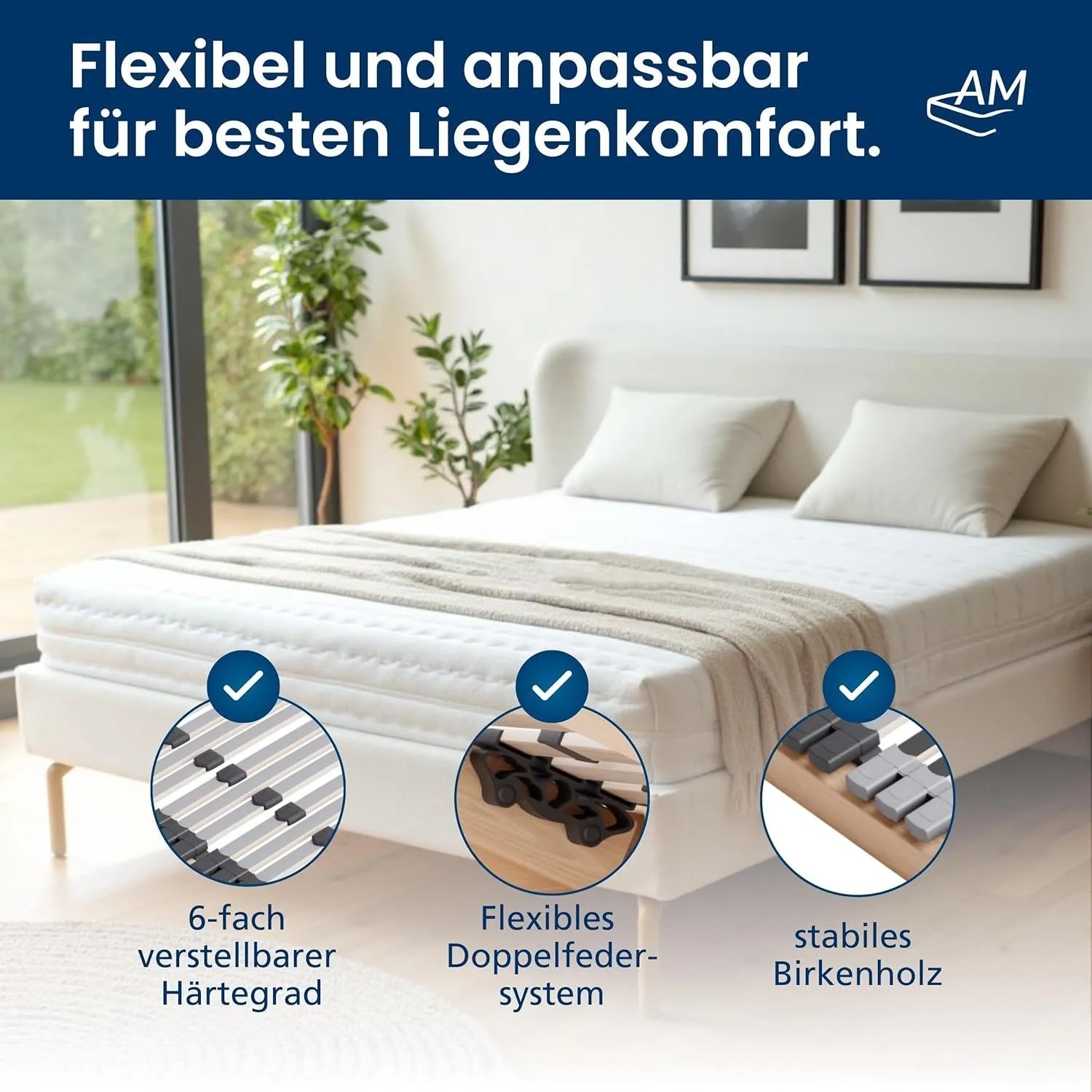 Vormontierter 7-Zonen Lattenrost 110x200 cm mit flexiblen Federleisten im Bett