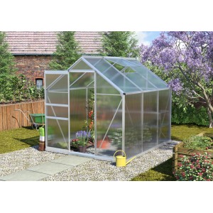 Vitavia Gewächshaus Calypso 4400 mit Alu-Rahmen, Hohlkammerplatten und Zubehör-Set im Garten.