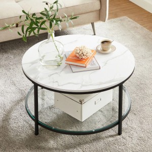 Songmics Couchtisch Baris, weiß-schwarz, mit Glasablage. Runder Tisch mit Marmoroptik.