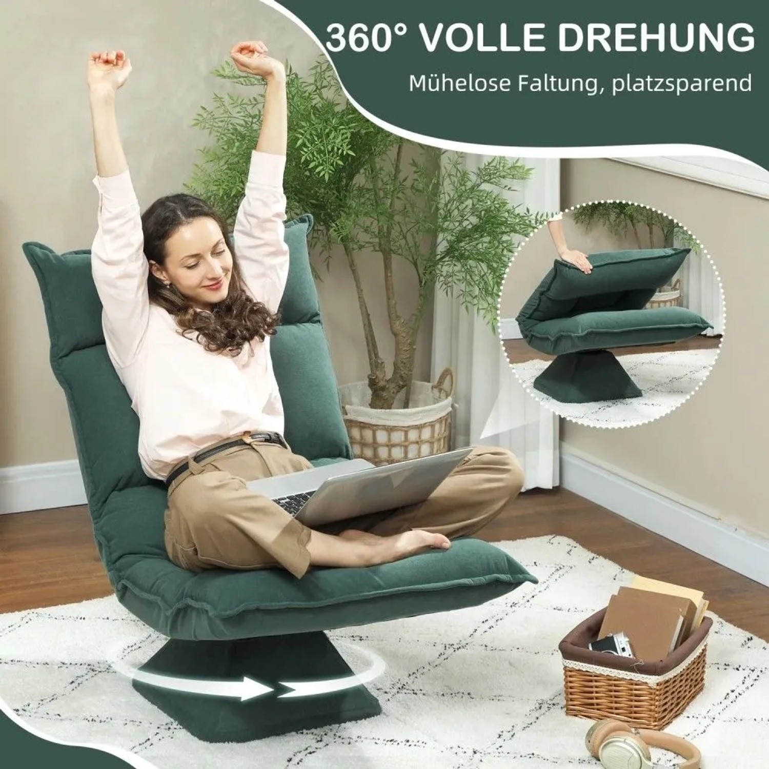 Frau entspannt auf grünem HOMCOM Bodenstuhl, 360° drehbar, verstellbar. Bild zeigt auch platzsparende Faltung.