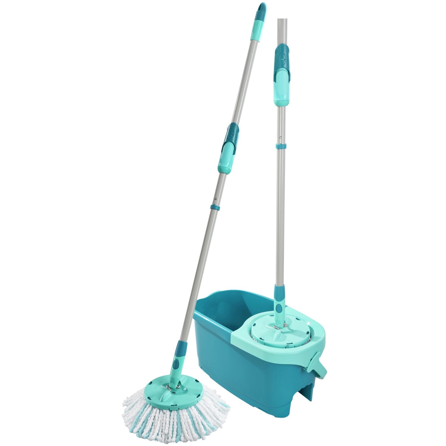 Leifheit Clean Twist Disc Mop Ergo Set mit Eimer und Wischmop in Türkis und Weiß.