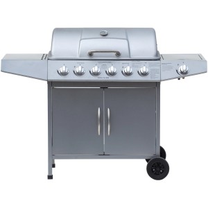 El Fuego Gasgrill Dayton mit 6 Brennern und Seitenbrenner, silberfarben, ca. 133x95x54 cm.