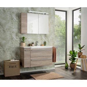 Fackelmann Marmor-Waschbecken Luxor 100 cm rechts mit Unterschrank und Spiegelschrank im Badezimmer.