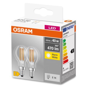 2er Set Osram LED-Leuchtmittel E14, Tropfenform, 4W, warmweißes Licht.