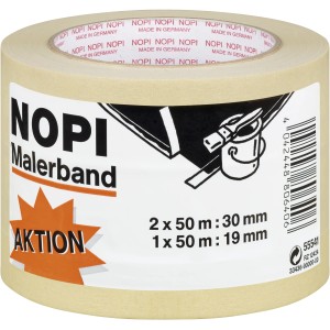 Nopi Malerband 3er Pack: Abdeckband für Malerarbeiten, 2x 50m x 30mm + 1x 50m x 19mm.