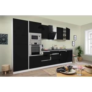 Respekta Premium Küchenzeile, 345 cm, Schwarz Hochglanz/Weiß, mit E-Geräten.