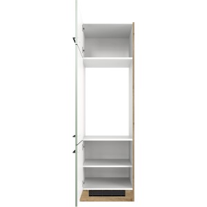 Flex-Well Geräteschrank Cara, 60cm, Schilfgrün/Artisan Eiche, mit offenen Fächern und Kühlschranknische.