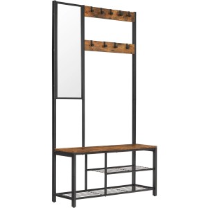 Songmics Garderobe mit Spiegel, Bank, Schuhregal und 9 Haken, braun-schwarz.