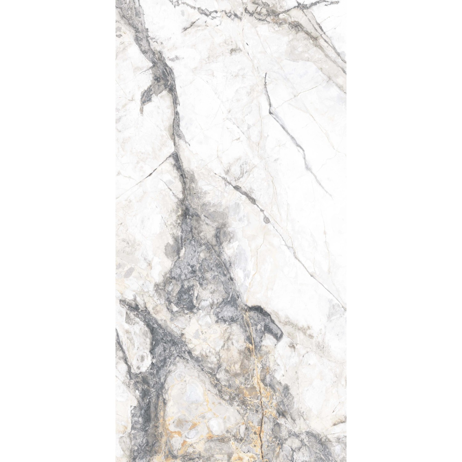 Weiße/graue Feinsteinzeug-Bodenfliese Marble Riva Gold in Marmor-Optik, glasiert und poliert, 60x120 cm.