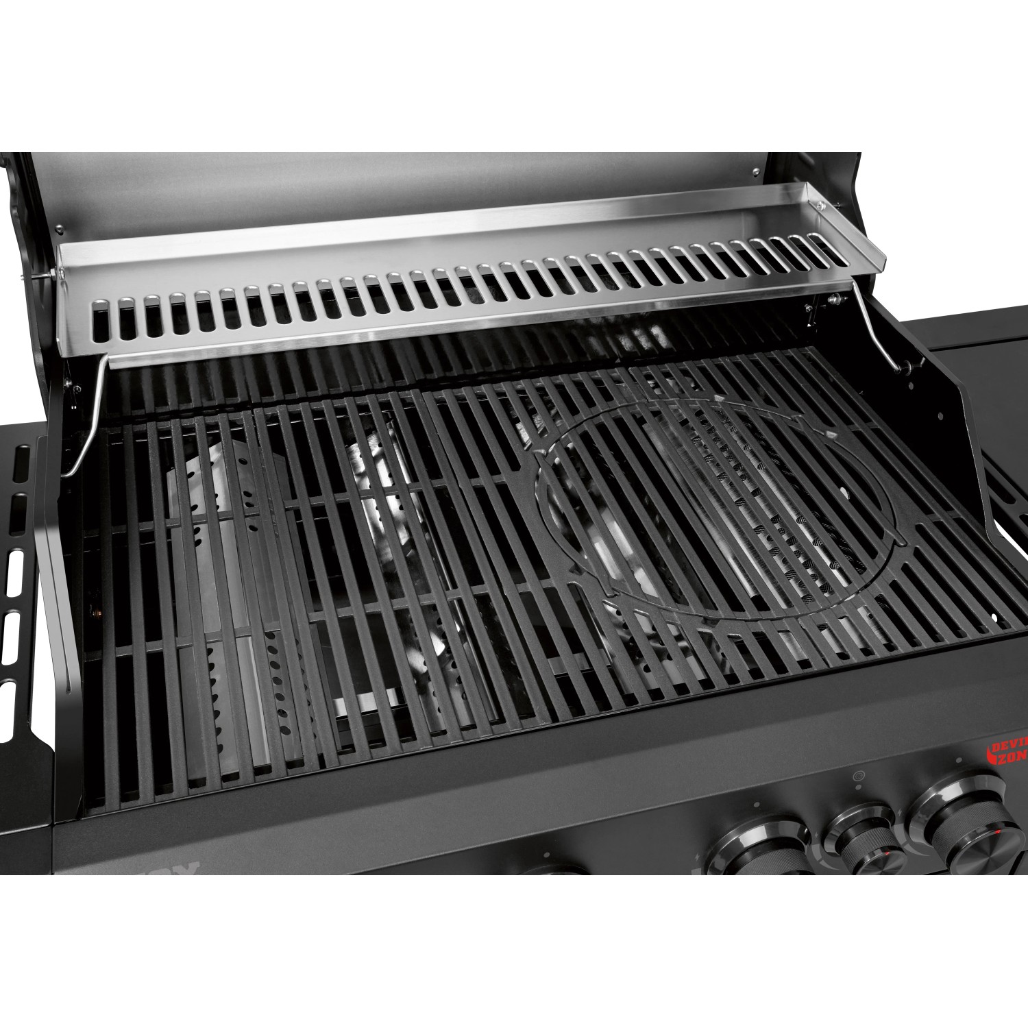 Detailansicht des Jamestown Knox II Gasgrills mit Gusseisenrost und Warmhalterost.